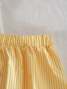 Conjunto de 2 piezas de top de punto acanalado de cuello en V blanco + falda con estampado de lazo a rayas verticales para niñas, adecuado para uso diario, actividades al aire libre y eventos, primavera/verano - Amarillo - View 3
