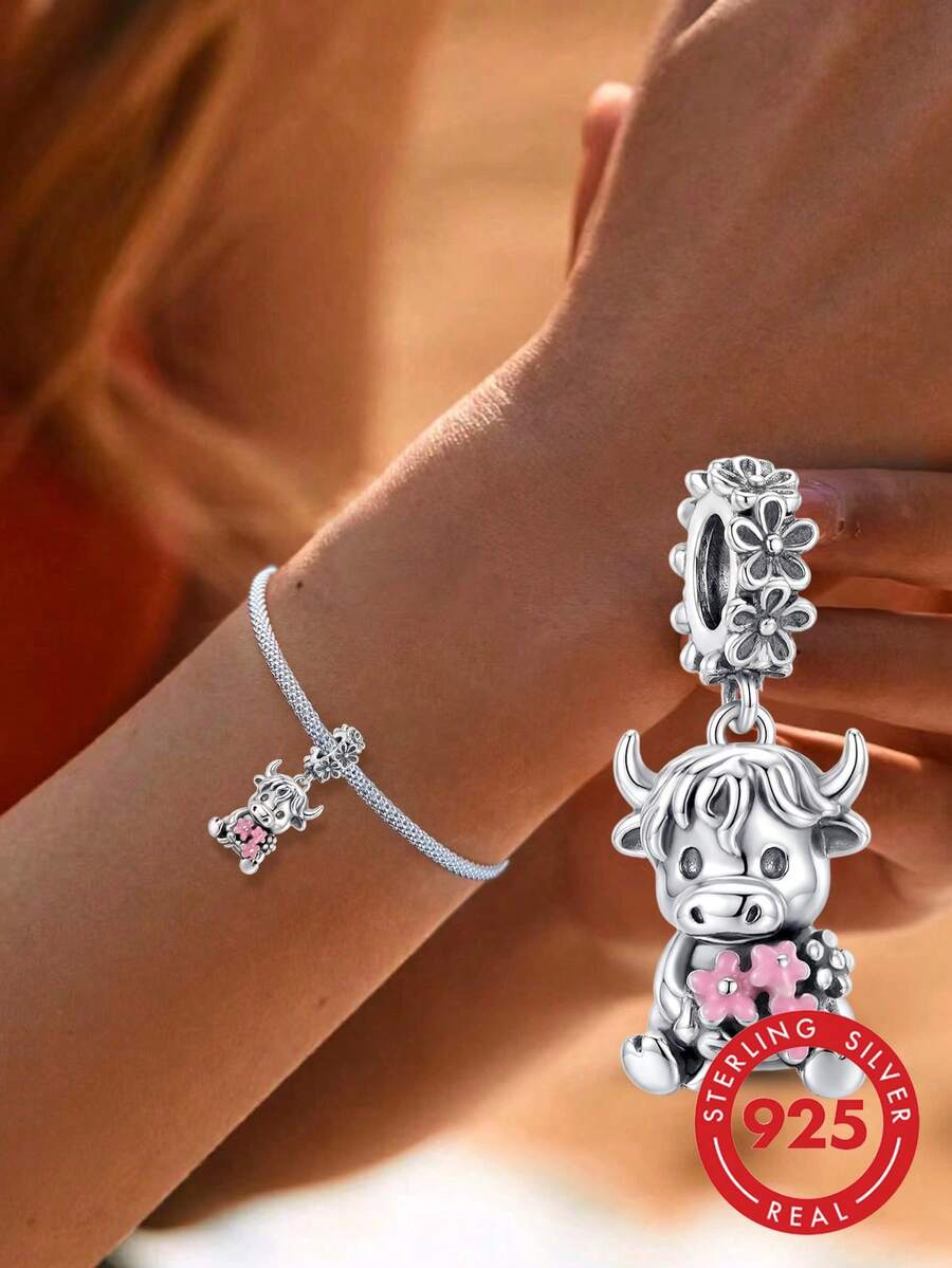 1pc 925 Sterling Silver Cute Pet Yak Shaped Pendant, Suitable For Women Jewelry DIY Bracelet
