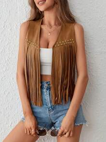 elfnokto Women's Summer Casual Fashionable Bohemian Vacation Style Western Cowgirl Metal Rivet Fringe Decor Open Front Vest Jacket Fall - Brown - View 4