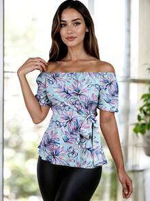 ZTSO Fashionable Off-Shoulder Blouse With Belt - Blue - View 1