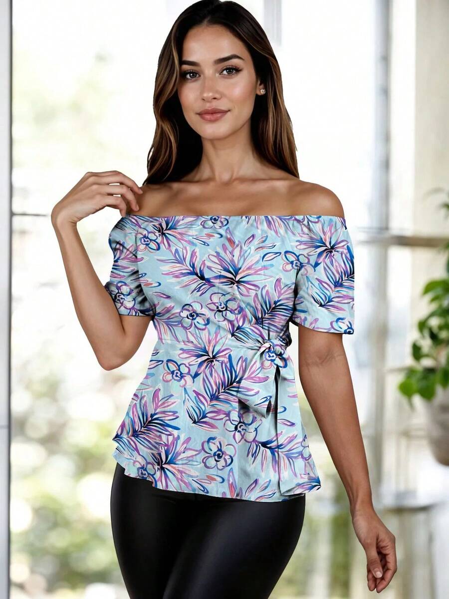 ZTSO Fashionable Off-Shoulder Blouse With Belt - Blue - View 1