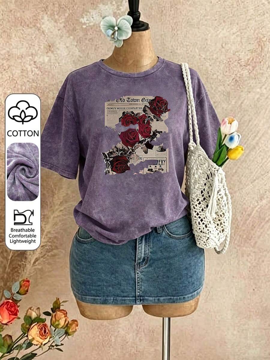 Plus Size Women's Casual Rose Newspaper Print T-Shirt, Summer - Mauve Purple - View 1