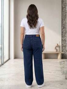 Women's High-Waisted Dark Blue Straight Leg Jeans - Premium Comfort - 深色水洗藍 - 查看 4