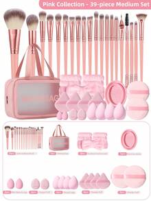 39PCS Professional Makeup Tools Set With Waterproof Cosmetic Bag, 20PCS Brushes, Makeup Sponges, Powder Puffs, Headband & Cleaning Kit For Beginners - Pink - View 1