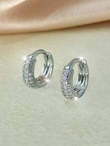 1 Pair Micro-Inlaid Zirconia Hoop Earrings, Plated Gold Tone Elegant Versatile Earrings For Women - W17197 - View 7