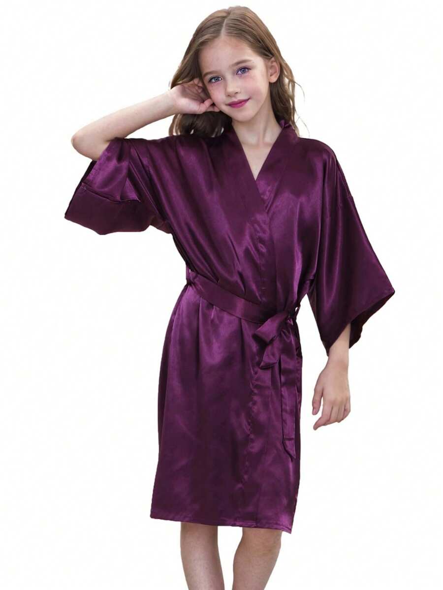 XUMPLO 女童休闲V领七分袖纯色系带及膝长袍,家居服,和服,睡衣 - 紫色 - 查看 1