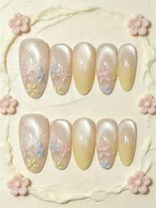 10pcs Spring Floral Handmade Press On Nails, Nude Cat Eye Nails Pastel 3D Flower Fake Nails, Medium Oval Nails Perfect For Summer & Daily Wear, With Jelly Glue And Nail File, DIY Nail Art Supplies - Champagne - View 1