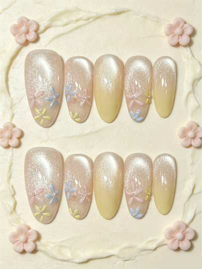 10pcs Spring Floral Handmade Press On Nails, Nude Cat Eye Nails Pastel 3D Flower Fake Nails, Medium Oval Nails Perfect For Summer & Daily Wear, With Jelly Glue And Nail File, DIY Nail Art Supplies