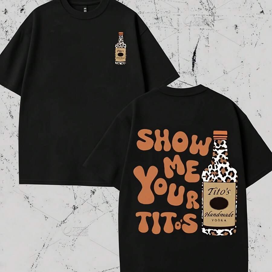 Vintage Vintage Style, Tito's Vodka Enthusiast, Leopard Print Elements, SHOW ME YOU TITOS Humorous Text Memes, Double-Sided Printed Vintage T-Shirt Cool Design Pattern T-Shirt, Durable And Comfortable Fabric - 黑色 - 查看 1