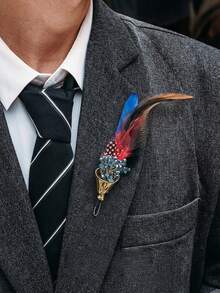 1 Stück Herren Brosche, Mehrfarbige Feder Boutonniere für Gastgeber, Hochzeit, Koreanischer Stil Anzug Accessoire - Federbrosche - Übersicht 9