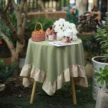 1pc Ruffled Ins Style Dining Table Cloth, Dual-Tone Light Green Picnic Background Cloth, Floral Edge Round Tablecloth, Dessert Display Backdrop, Tea Table Cloth - Multicolor - View 1