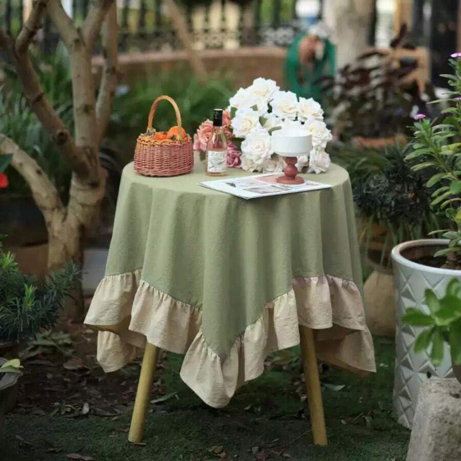 1pc Ruffled Ins Style Dining Table Cloth, Dual-Tone Light Green Picnic Background Cloth, Floral Edge Round Tablecloth, Dessert Display Backdrop, Tea Table Cloth - Multicolor - View 1