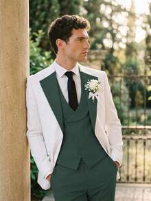 Men's Suits 3 Pieces Colorblock Slim Fit Double Breasted Formal Tuxedo Blazer Vest Pants For Wedding Party - 墨綠色 - 查看 4