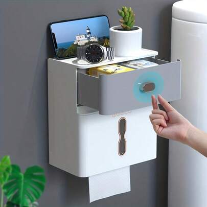 Hộp đựng giấy vệ sinh hai lớp treo tường, giá đựng giấy vệ sinh có ngăn kéo và nắp đậy, hộp đựng giấy vệ sinh treo tường phòng tắm.