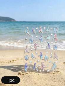 1 Sheet Holographic Mermaid Tail Nail Art Stickers, Super Shiny Shell & Starfish Nail Decals, Delicate Versatile DIY Nail Accessories, Blue-Pink Gradient Mermaid Tail + Pearl Shell + Star Elements, Soft Mermaid Princess Vibe, Ultra-Thin Adhesive, Endless DIY Creativity, Versatile Whitening Nail Stickers - Multicolor - View 3