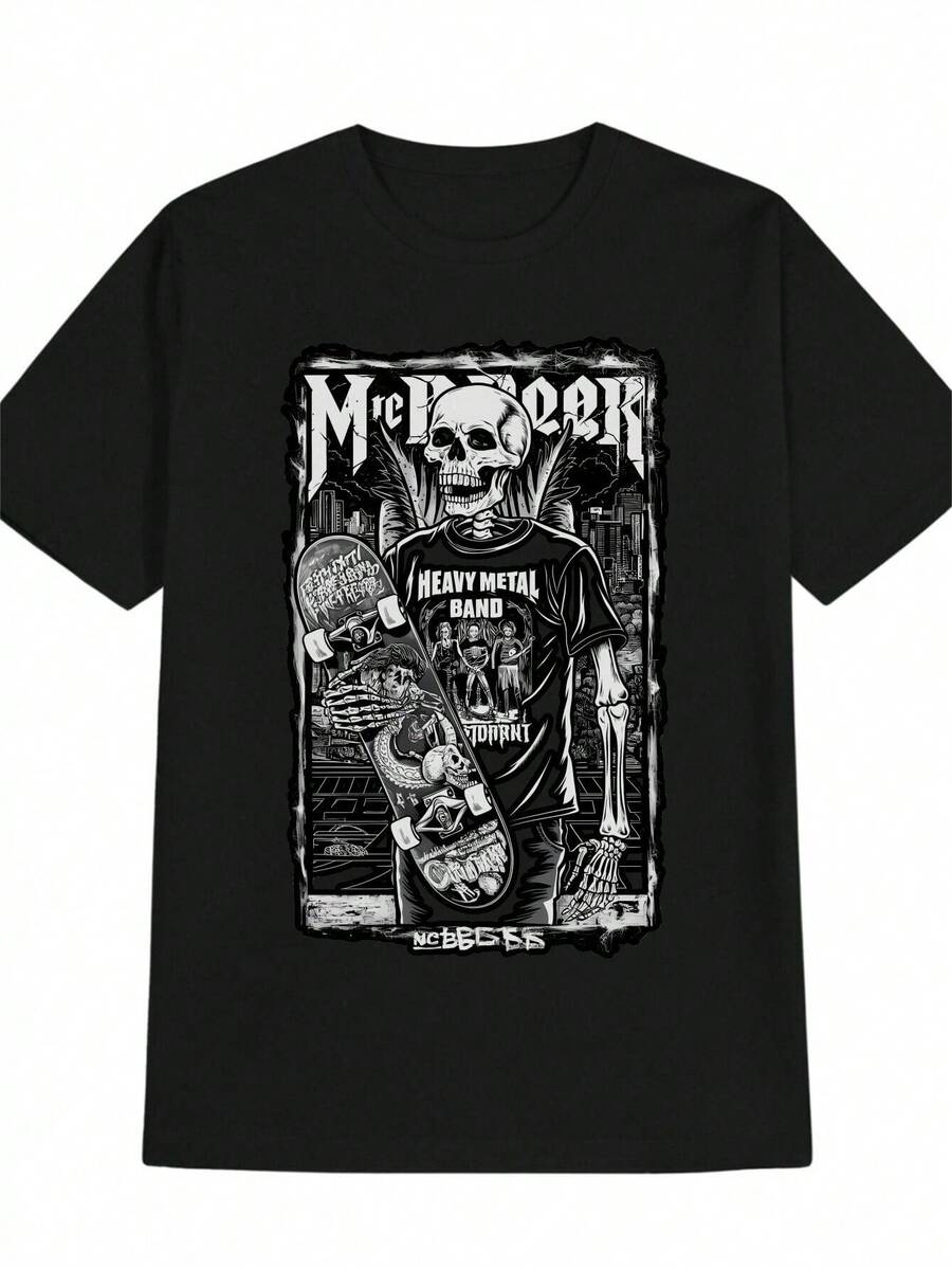Camiseta masculina Fashion All Match com design divertido de banda - Preta vintage, blusa casual de verão com estampa de desenho animado, lavável, estampa de banda, camiseta gráfica, retrô, anime, coração nostálgico: uma peça clássica para o Dia dos Namorados, blusas de verão, camiseta, cardigã, blusa de verão, modelagem padrão, para todas as estações. - Preto - Ver 1