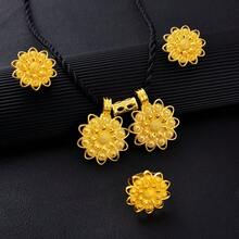 Bộ trang sức 3 món màu vàng đồng, gồm dây chuyền mặt dây hình hoa, bông tai và nhẫn, phong cách Trung Đông, thích hợp làm quà tặng cho cô dâu trong đám cưới. - Vàng - Xem 2