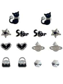 14 Stück schwarze Katze & Sternenhimmel herzförmige Cut Out Schuh Charms, silberne abnehmbare DIY Dekorationslegierung Accessoires geeignet für Cut Out Clogs - Schwarz - Übersicht 10