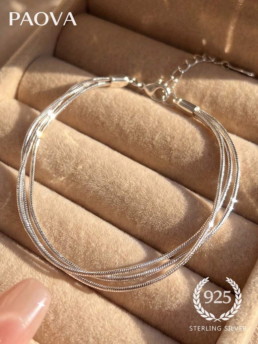 1 chiếc vòng tay bạc 925 Sterling 3 lớp hình xương rắn, thanh lịch và sang trọng, tối giản và thời trang, lý tưởng cho các buổi hẹn hò của phụ nữ, quà tặng tốt nghiệp hoặc đeo hàng ngày. - phong cách 1 - Xem 1