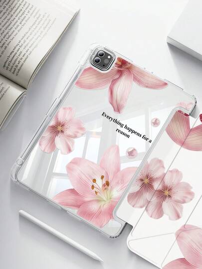 A Cute Cartoon Letter & Flower Print Double-Sided Acrylic Transparent Crystal Back Cover, Shock-Absorbing, Suitable For IPad 7th, 8th, 10th Generation (10.2 Inch), Built-In Pencil Slot, Support Sleep/Wake Function, Ideal Gift Choice