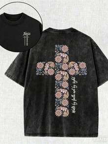 Summer Tops2026Christian Washed T-Shirt, Jesus, Faith, Floral Cross Pattern T-Shirt "Walk By Faith Not By Sight","Jesus Is Coming Soon", Religious Elements, Retro Style T-Shirts, Vintage Textured T-Shirts. . . . . . Classic Regular Short Sleeved, Fashionable And Cool Design, High-Quality Printing, Fashionable T-Shirt, Women's Pattern T-Shirt, Fun Pattern T-Shirt, Men's Pattern T-Shirt, Casual Loose T-Shirt, 100% Cotton T-Shirt, Soft, Breathable And Comfortable, Washable T-Shirt, Casual Street Style T-Shirt, Suitable For All Seasons, Very Suitable For Casual Wear And Street Style. They Are Excellent Gifts For Family And Friends.Summer Clothes - 黑色 - 查看 8