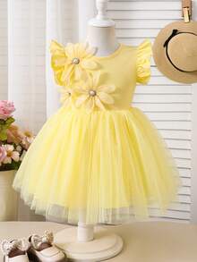 Girls' Best-Selling Light Yellow Mesh A-Line Princess Dress, V-Neck Zipper Design, Sweet Casual Cute Style, Spring/Summer - Yellow - View 2