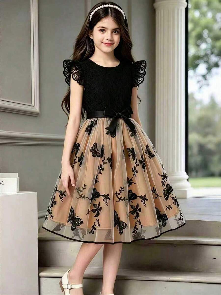 8-12 Years Old Girls' Lace & Mesh Patchwork Embroidered Dress With Flutter Sleeves, Comes With Belt, Suitable For Summer Outdoor, Family Gathering, Birthday Party, Beach Vacation, Performance, Daily Wear - Black - View 1