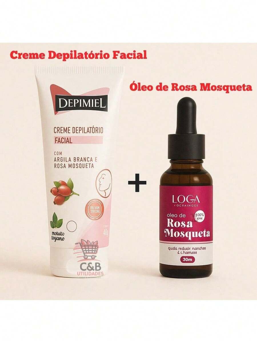 Kit Creme Depilatório Facial Argila Branca Rosa Mosqueta 40g - Depimiel + Óleo Rosa Mosqueta - Vitamina E - Visão 1