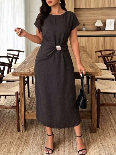 Đầm midi dáng suông tay ngắn màu nâu bằng cotton lanh dành cho nữ cỡ lớn, trang trí khóa kim loại, thích hợp mặc hàng ngày và đi nghỉ mát vào mùa xuân/hè.