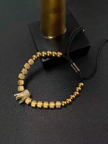 1件金色不锈钢皇冠吊坠串珠手链，可调节编织绳手链，男士嘻哈朋克风饰品，圣诞派对节日礼物 - 彩色 - 查看 5