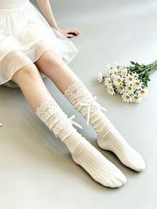 1双蕾丝蝴蝶结过膝袜，高弹力不勒腿，蝴蝶结中筒袜，洛丽塔公主风薄款透气中筒袜，甜美洛丽塔芭蕾舞风百搭中筒袜 - 白色 - 查看 5