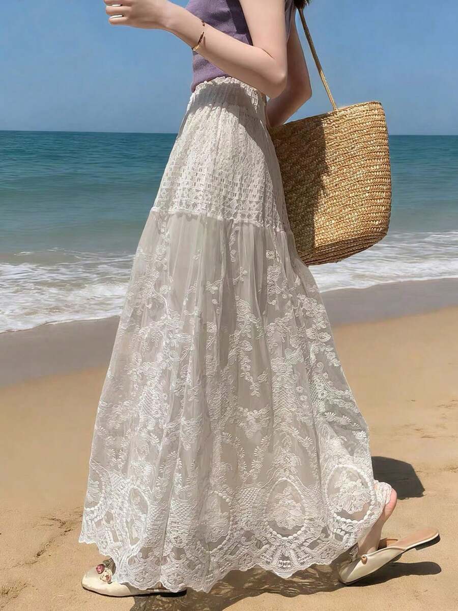 Yooly 女士时尚蕾丝网纱刺绣拼接弹力腰半身裙，休闲时尚，度假海滩波西米亚风白色夏季 - 白色 - 查看 1