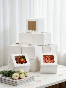 10 piezas Cajas de regalo de cartón blanco grande para macarrones con ventana ondulada, adecuadas para pasteles, chocolates, galletas, postres, aplicables para cumpleaños, fiestas, bodas - Ver 11