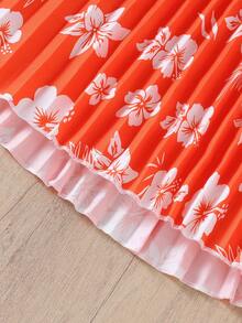 Summer Girls Casual Ditsy Floral Halter Pleated Dress - Burnt Orange - View 7