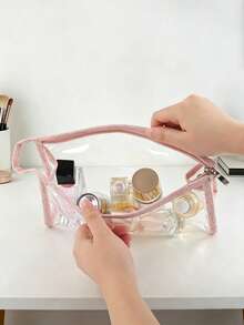 2pcs Set Classic Transparent Makeup Bag, Leather Lace Embossed, Large Capacity Portable Travel Toiletry Organizer, Desktop Cosmetic Storage Bag, Handheld Makeup Bag With Compartments - Multicolor - View 6