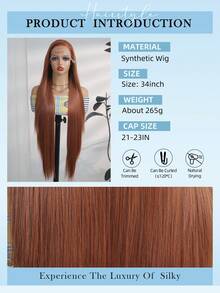 Tóc giả dài thẳng 34 inch, nhiều màu sắc, kiểu ren phía trước 13*4, chất liệu sợi mềm mại màu đen, phù hợp cho phụ nữ sử dụng hàng ngày và dự tiệc, giúp tôn lên vẻ đẹp | Tóc giả tạo kiểu ấn tượng | Tóc giả bồng bềnh - Màu Cam cháy - Xem 9