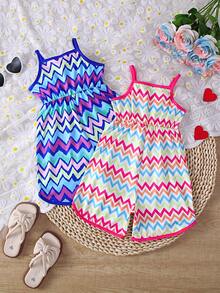 2pcs/Set Girls Boho Tribe Print Sleeveless Jumpsuit, Slightly Stretchy, Regular Fit, With Bow Detail On Adjustable Straps, Suitable For Outdoor/Vacation Romper, Spring/Summer - Multicolor - View 2