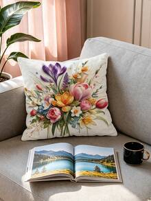 1 pieza Funda de almohada clásica con patrón floral de imitación, funda decorativa para cojín de sofá de sala de estar para todas las estaciones, inserto de almohada no incluido - Las flores de primavera florecen - Ver 1