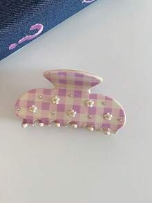 1pc Faux 3D Floral Plaid Rhinestone Studded Acrylic Hair Claw Clip, Blue & White Plaid Pattern, Large Size, Sweet & Fresh, For Updo, Casual, Elegant Half-Up Hairstyles, Fashion Versatile Hair Accessory For Women,Travel,Birthday - Multicolor - View 3