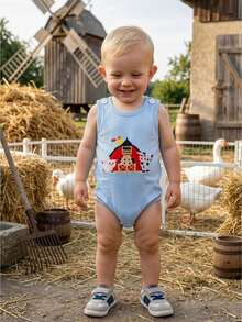Peto de bebé niño Mono Bordado de animales Body sin mangas Ropa veraniega linda de granja - Azul - Ver 1