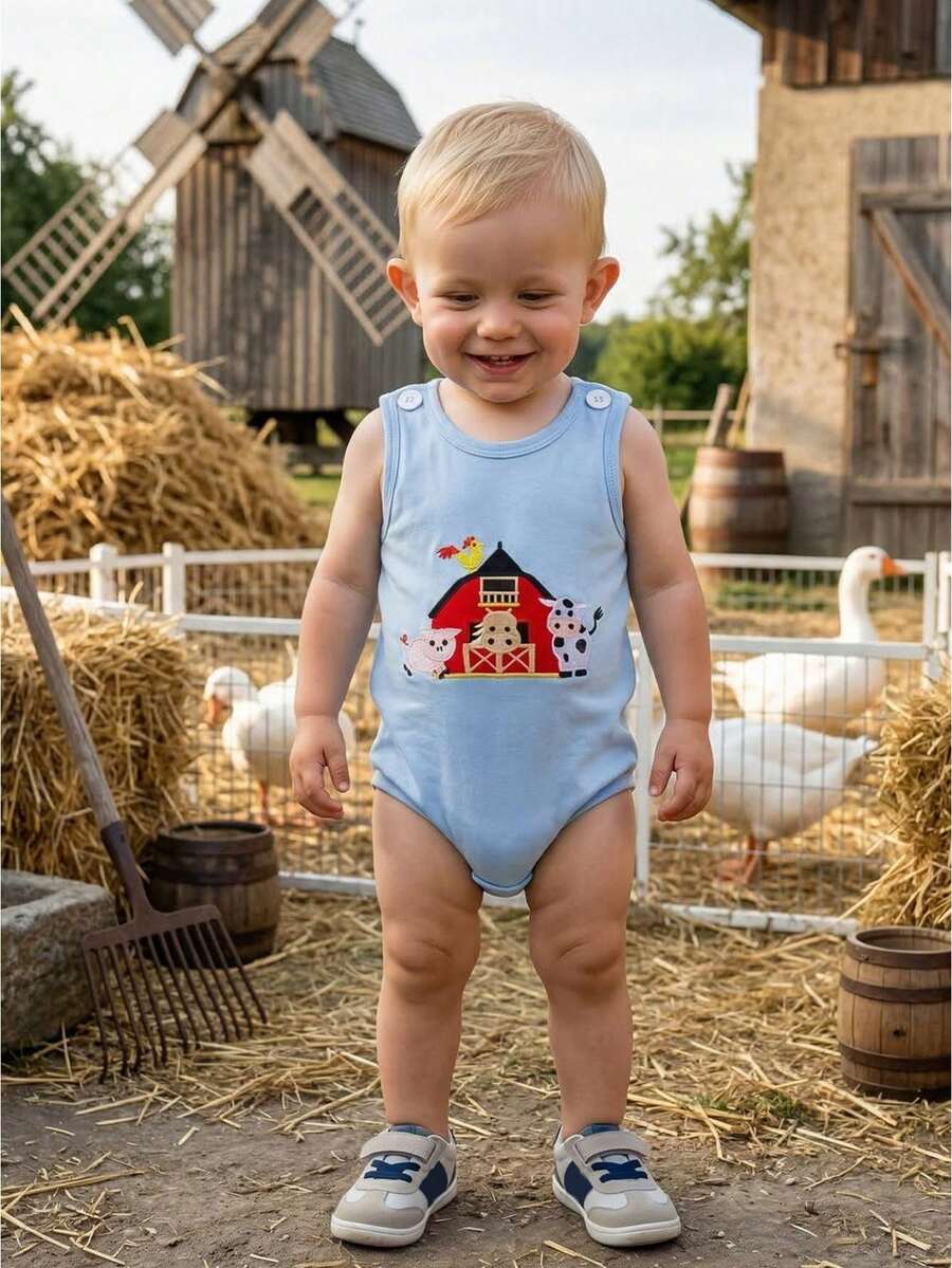Peto de bebé niño Mono Bordado de animales Body sin mangas Ropa veraniega linda de granja - Azul - Ver 1