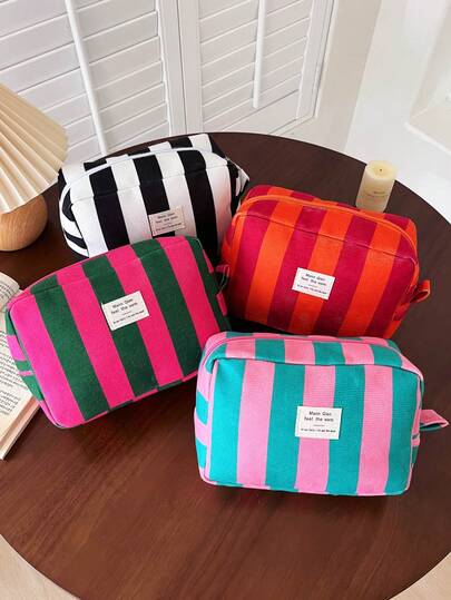 Túi đựng mỹ phẩm bằng vải canvas kẻ sọc có tay cầm, túi trang điểm nhiều màu sắc dành cho nữ, túi đựng đồ dùng cá nhân khi đi du lịch, túi đựng mỹ phẩm tối giản dùng trong phòng tắm hoặc vali, túi đựng dụng cụ trang điểm, quà tặng cho phụ nữ và bé gái, túi đựng đồ trang điểm khi đi du lịch.