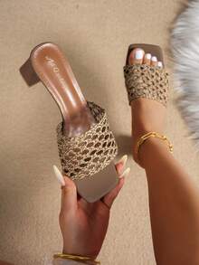 Zapatos de tacón alto tejidos para mujer, sandalias de verano minimalistas de tacón grueso con correa, cómodas en negro, blanco y marrón - Marrón - Ver 3