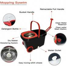 Easy Spin Dry Floor Mop Stainless Steel Bucket With Wheels Cleaning System Hands Free Adjustable Mop With 3 Extra Refills Mop Washable Head Microfiber - 紅/黑 - 查看 4