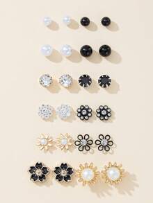 12 Pairs Elegant Minimalist Flower & Ball Stud Earrings Set, Suitable For Party, Gathering, Outdoor Wear - Multicolor - View 7