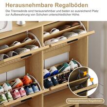 Caluself Meuble à chaussures 100*24*95 cm avec 4 tiroirs coulissants, étagère à chaussures en rotin tressé avec design inclinable, coffre à chaussures en rotin avec poignées en métal, meuble en bois, style campagnard, chêne/noir - couleur chêne - Voir 6