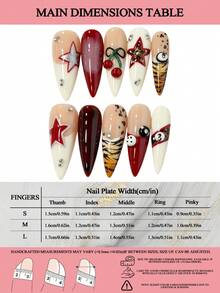 LIVENTO 10pcs Elevate Your Style With Long Handmade Acrylic Press On Nails Featuring 3D Cherry Sculptures, Hand-Painted Leopard Patterns, Glittering Star Designs, And Rhinestone Accents-Ideal For Feminine, Bold, And Eye-Catching Nails. - 杏色 - 查看 3