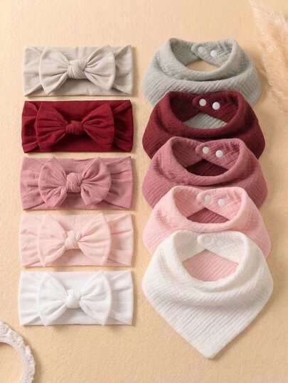 10pcs/Set Multicolor Headbands & Bibs Set For Infants & Toddlers, Ruched Texture Big Bow Baby Headbands, Double Snap Drool Bibs, Suitable For Daily Use In All Seasons
