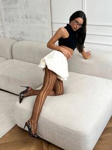 1双女士人字纹竖条纹连裤袜/渔网袜，高腰显瘦，大码可选，高弹力，性感透视，适合约会、购物、派对、通勤、时尚拍摄、度假等场合，百搭奢华风格 - 棕色 - 查看 3