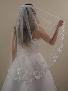 1 pieza Velo de novia de catedral largo de encaje marfil con peine de metal - Beis - Ver 9